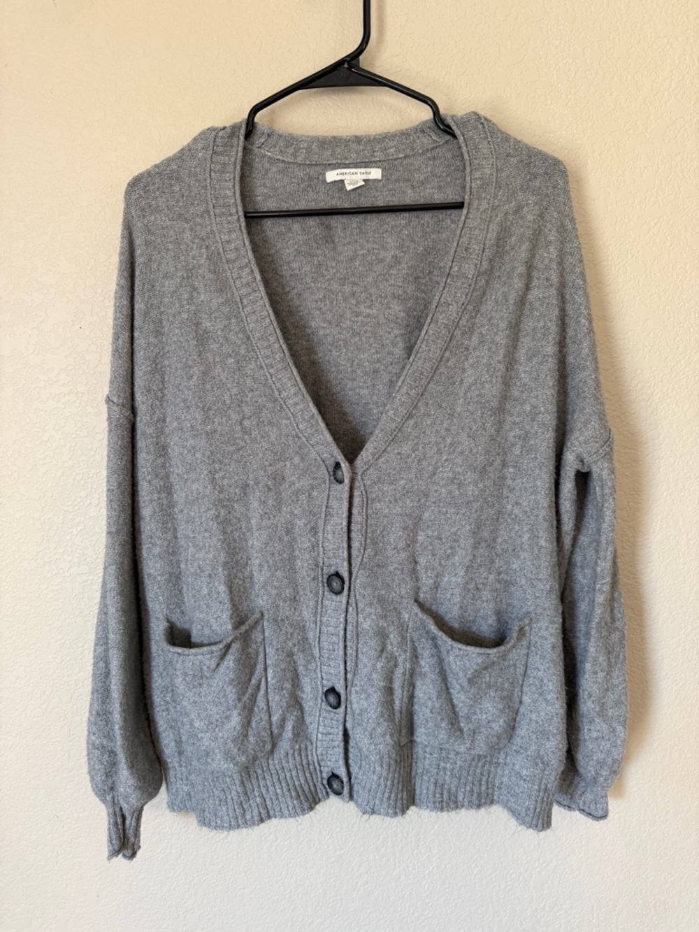 Oversized American Eagle Cardigan‎ Womens S Gray Button Front Knit Pockets